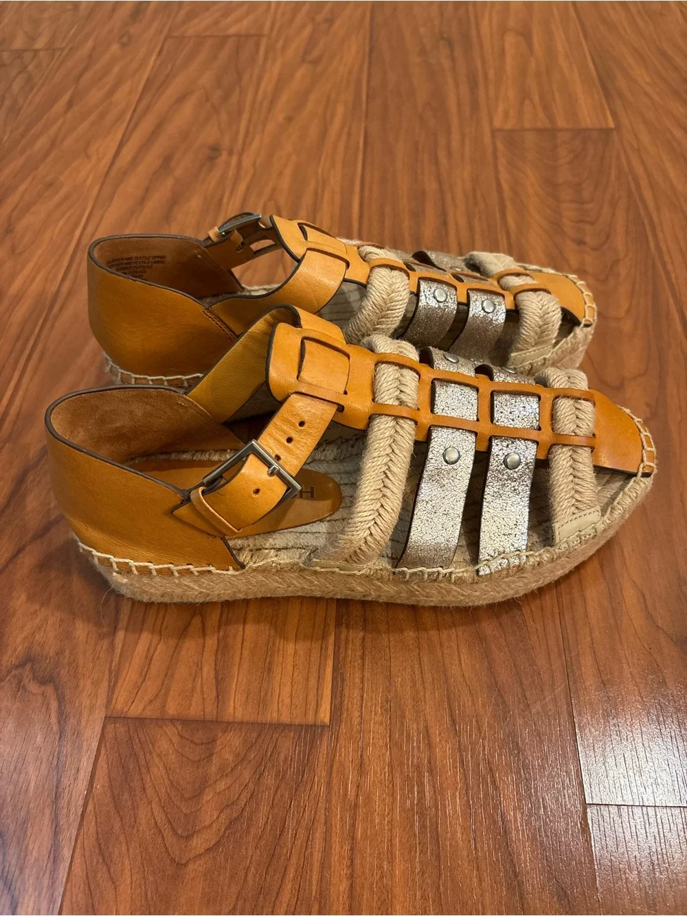 Tory Burch Fisherman Leather Espadrille Platform Sandals Metallic Womens 7